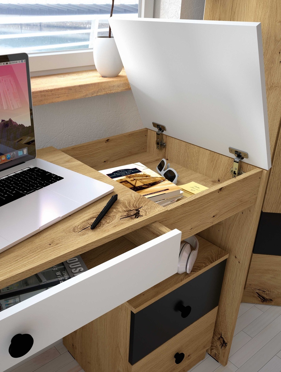 Pisalna miza Mirelbu 109 (Artisan hrast + Sijaj bela + Siva)