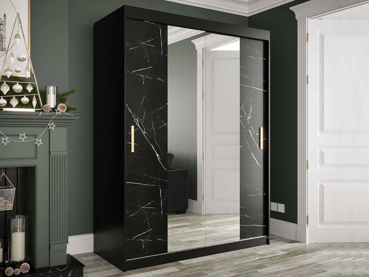 Garderobna omara Hartford 254 (Mat črna + Črni marmor)