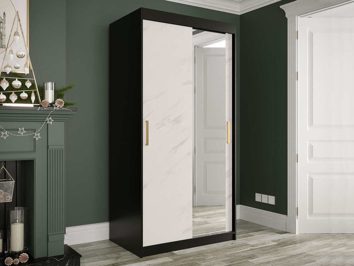 Garderobna omara Hartford 258 (Mat črna + Beli marmor)