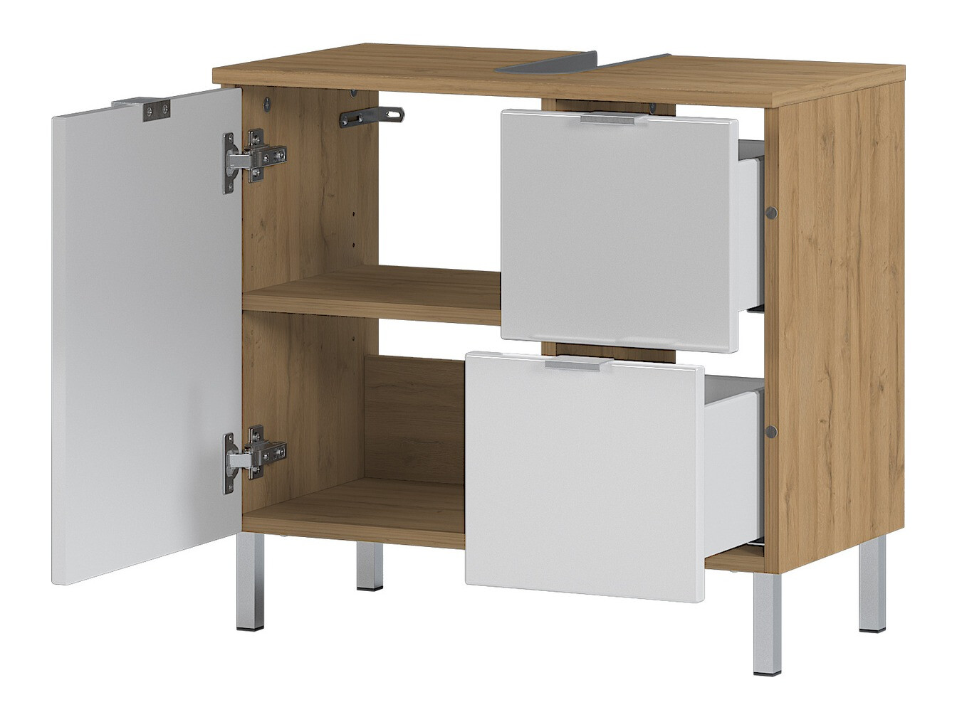 Prostostoječa kopalniška omarica za umivalnik Lomcamo 100 (Sijaj bela + Hrast Grandson)