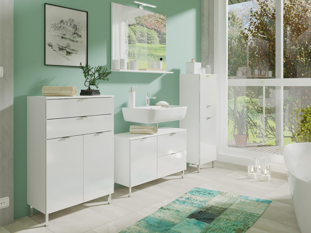 Prostostoječa kopalniška omarica za umivalnik Lomcamo 101 (Bela + Sijaj bela)