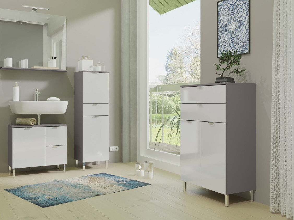 Prostostoječa kopalniška omarica za umivalnik Lomcamo 101 (Sijaj bela + Grafit)