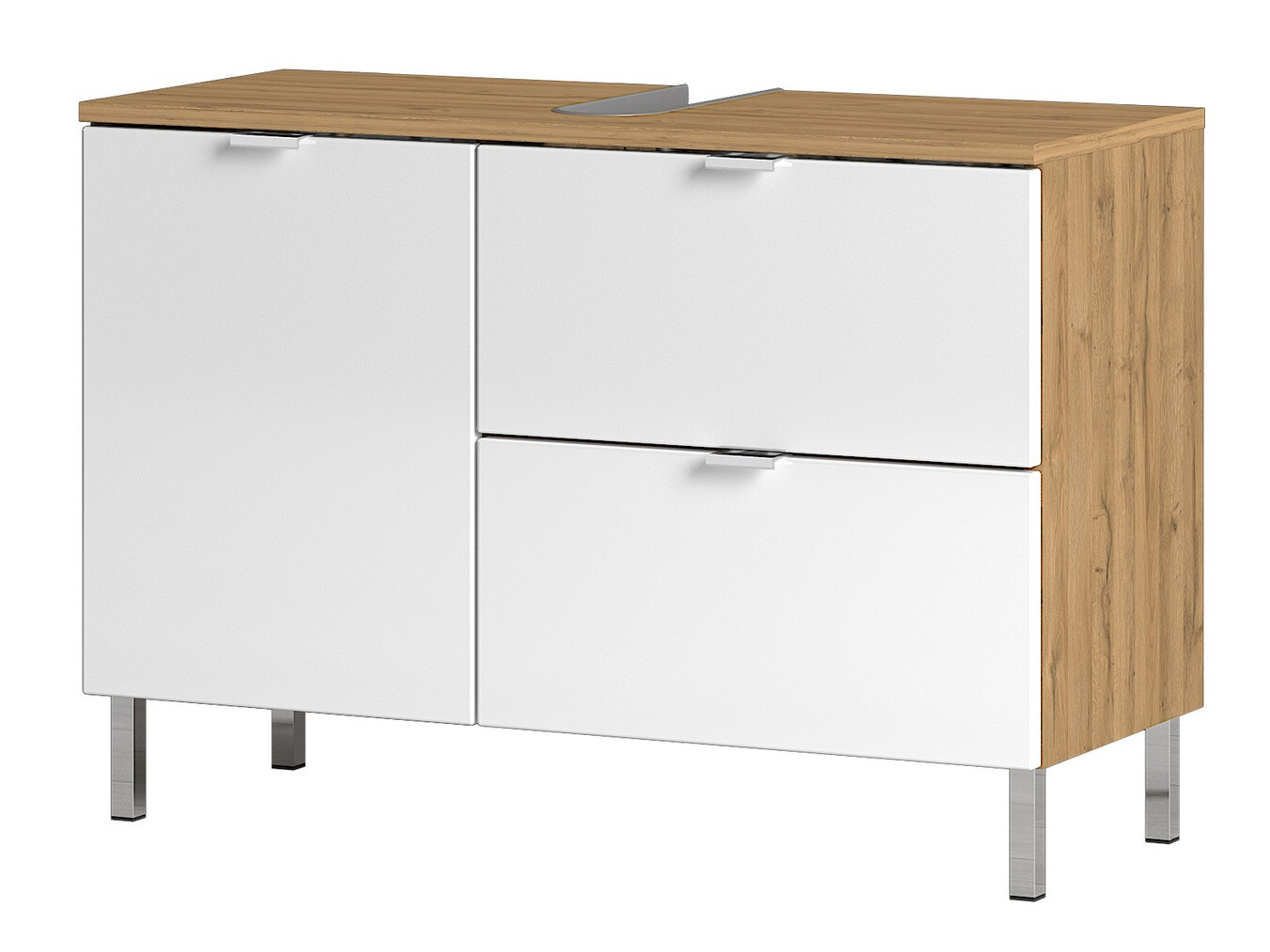 Prostostoječa kopalniška omarica za umivalnik Lomcamo 101 (Sijaj bela + Hrast Grandson)