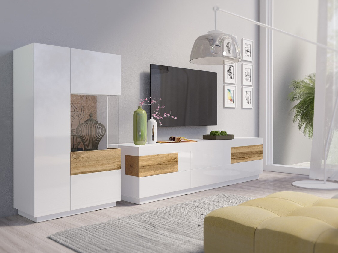 Komplet za dnevno sobo Livlore 109 (Bela + Sijaj bela + Wotan hrast)