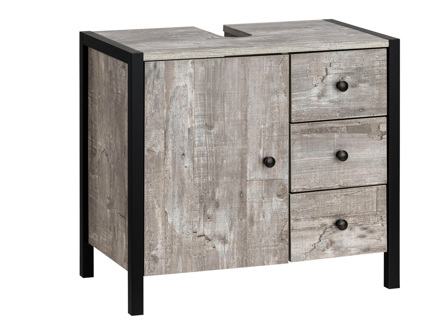 Prostostoječa kopalniška omarica za umivalnik Larnovo 105 (Sivi hrast + Črna)