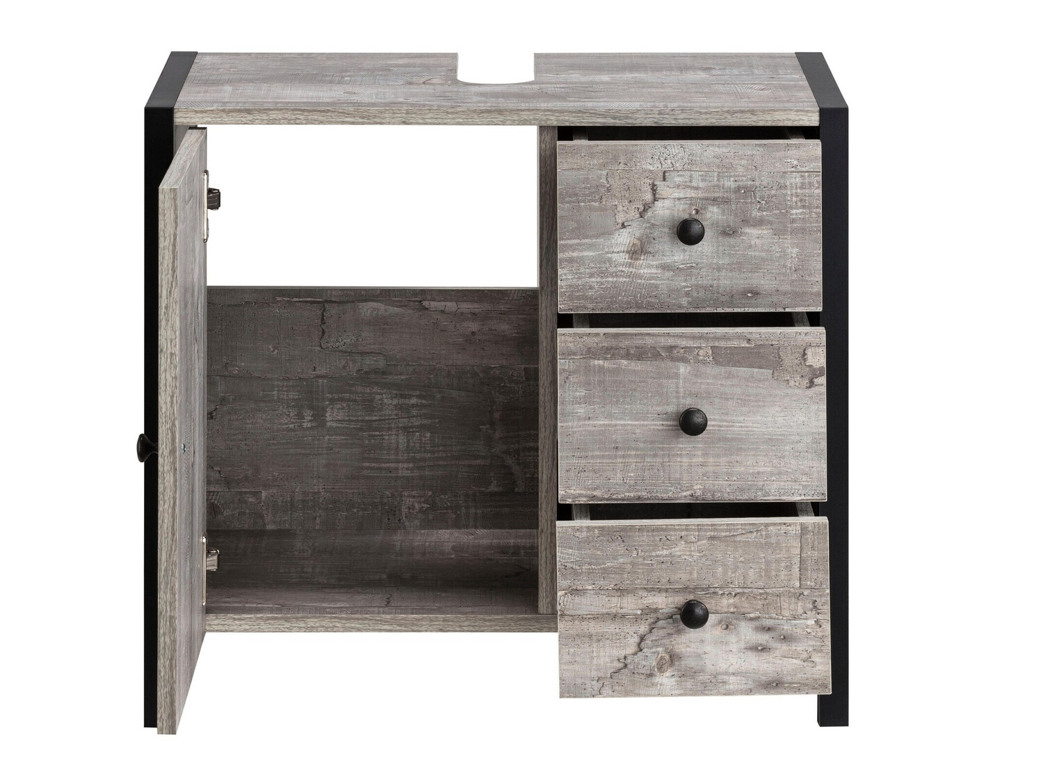 Prostostoječa kopalniška omarica za umivalnik Larnovo 105 (Sivi hrast + Črna)