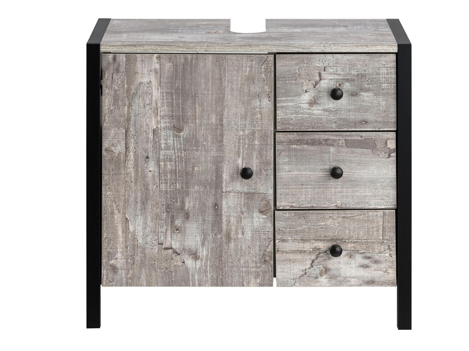 Prostostoječa kopalniška omarica za umivalnik Larnovo 105 (Sivi hrast + Črna)