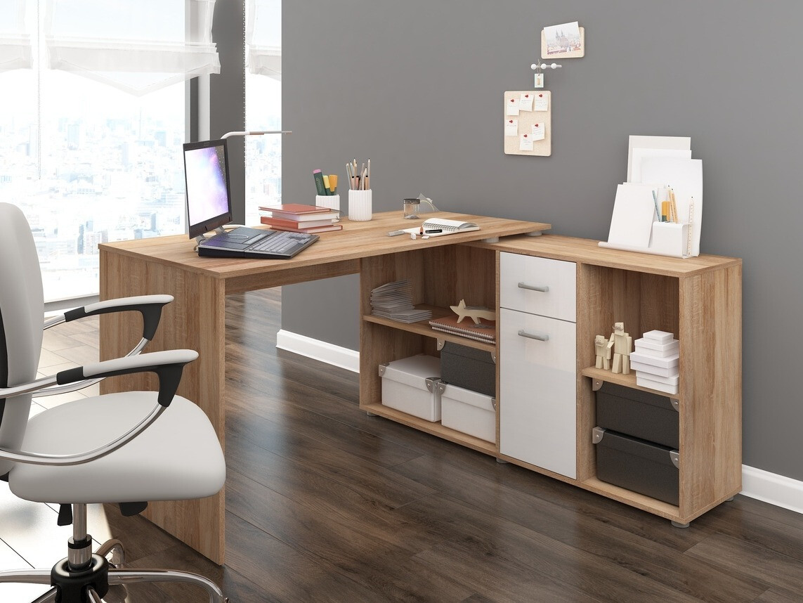Kotna pisalna miza Gilroy 113 (Sonoma hrast + Sijaj bela)