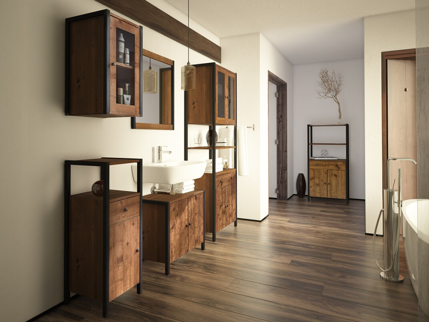 Prostostoječa Kopalniška omarica Larnovo 112 (Temen hrast + Črna)