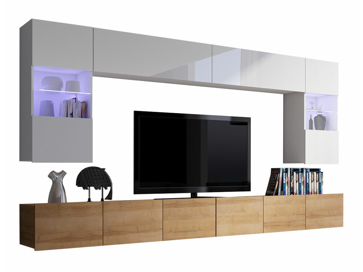 Komplet za dnevno sobo Remus I (Zlati hrast + Bela + Sijaj bela)