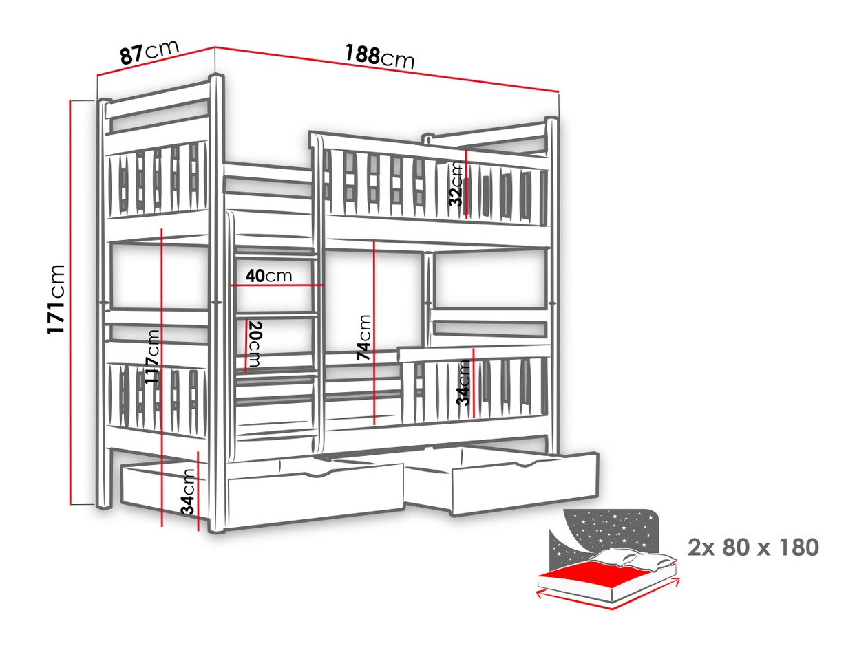Dvonadstropna postelja Vista 100 (Siva)