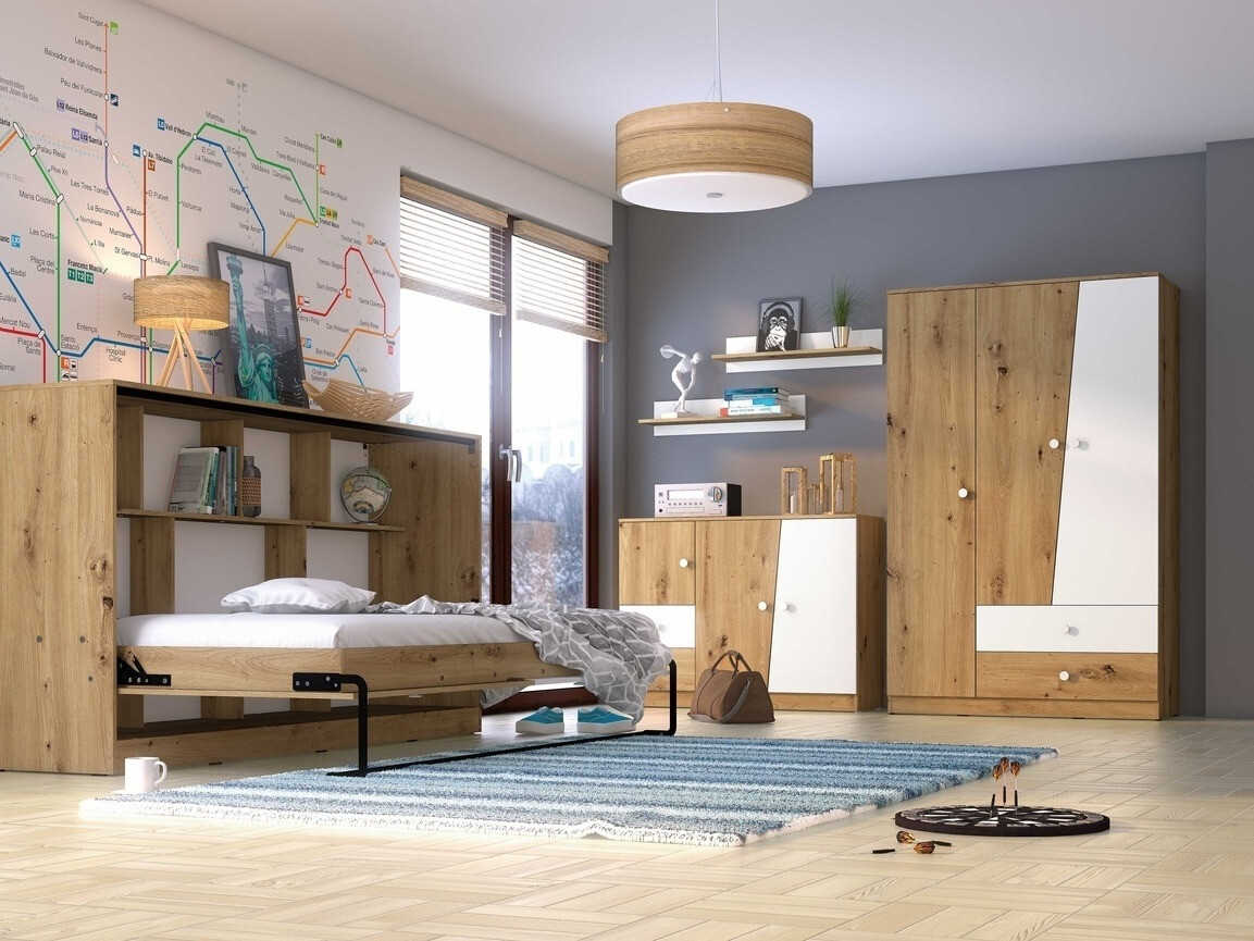 Postelja v omari Mirelbu 114 (Artisan hrast + Bela + Črna)