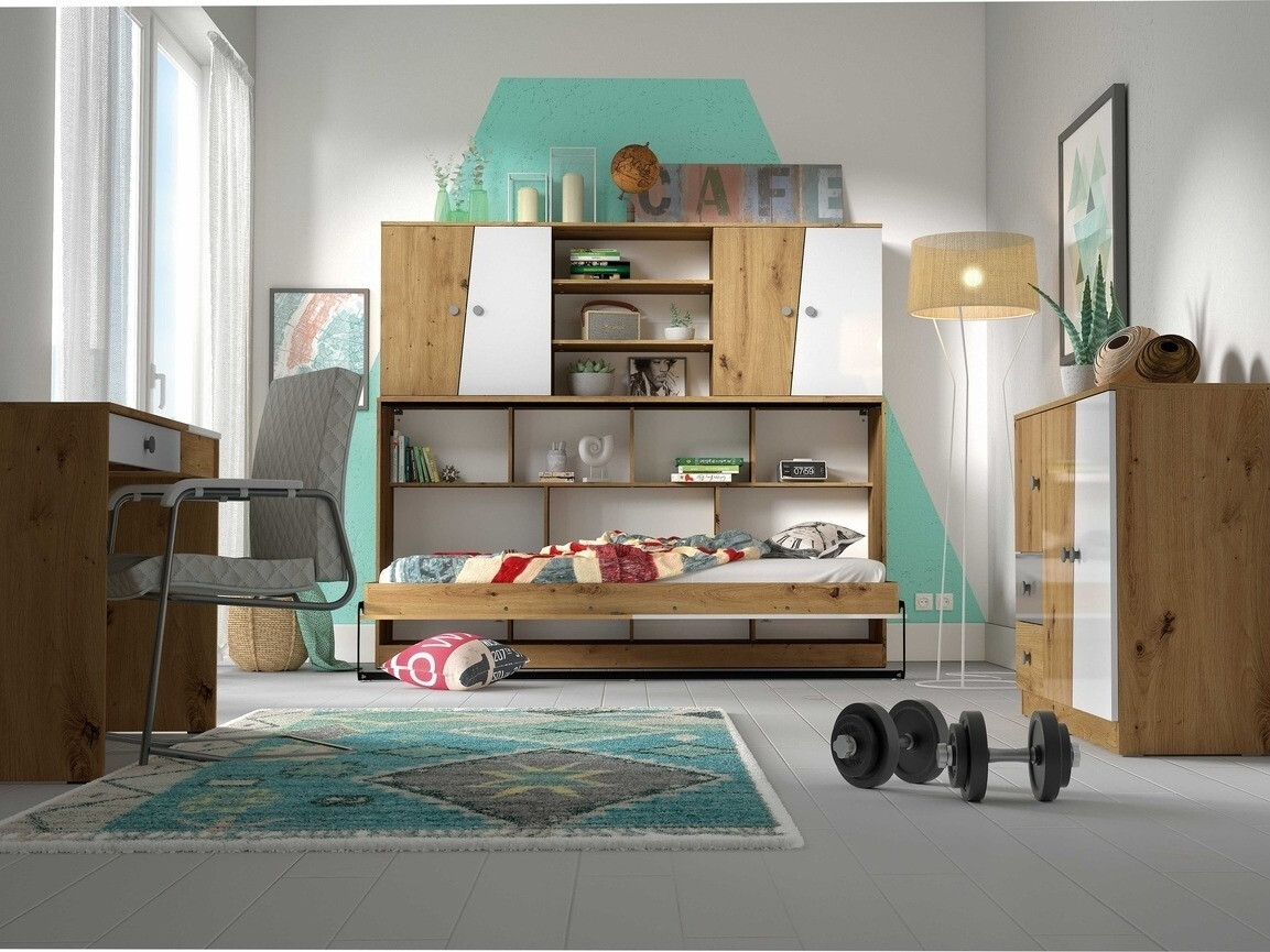 Postelja v omari Mirelbu 114 (Artisan hrast + Bela + Črna)