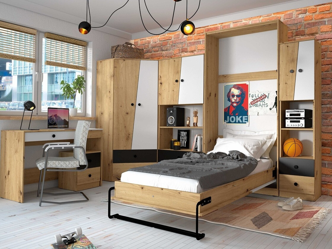 Postelja v omari Mirelbu 113 (Artisan hrast + Sijaj bela)