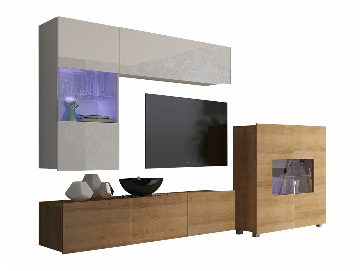 Komplet za dnevno sobo Remus III (Zlati hrast + Bela + Sijaj bela)