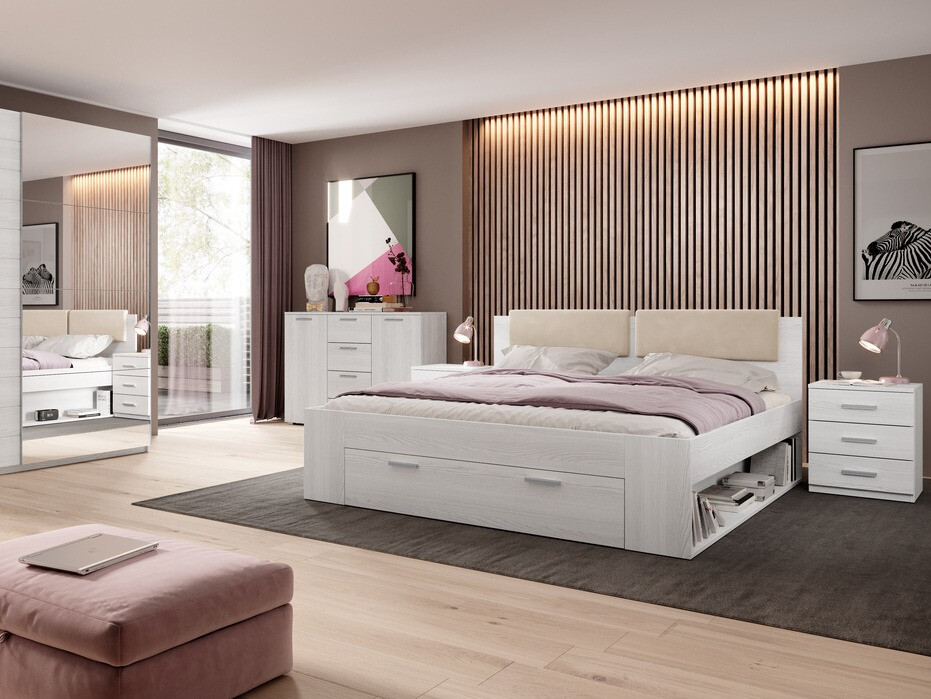 Postelja Levruvu 111 (Beljeni jasen + Bež)