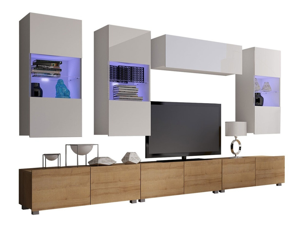 Komplet za dnevno sobo Remus XI (Zlati hrast + Bela + Sijaj bela)