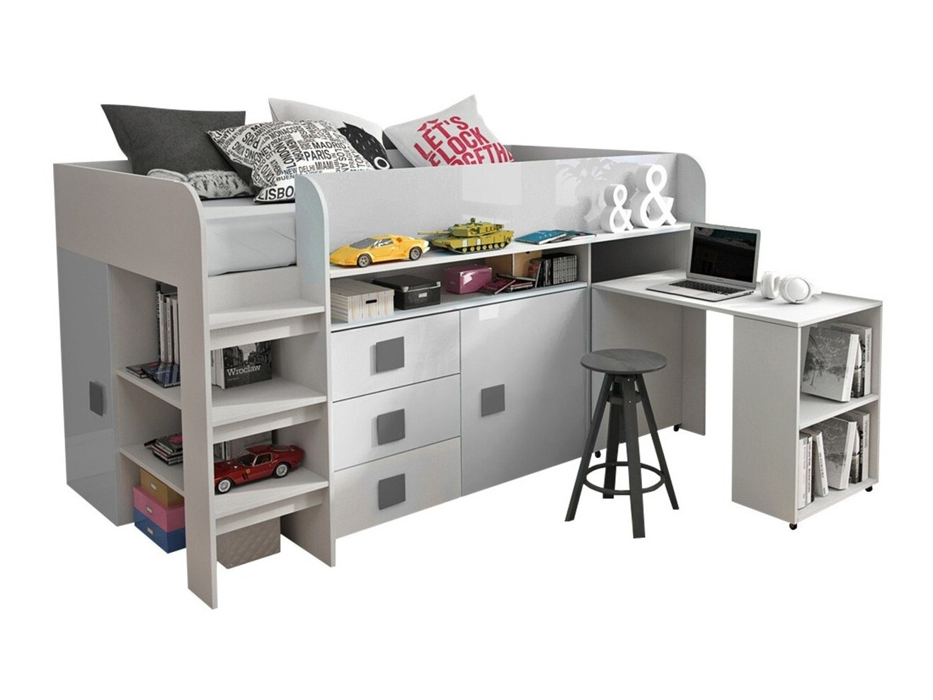 Postelja Hartford 190 (Bela + Sijaj bela + Sijaj siva)