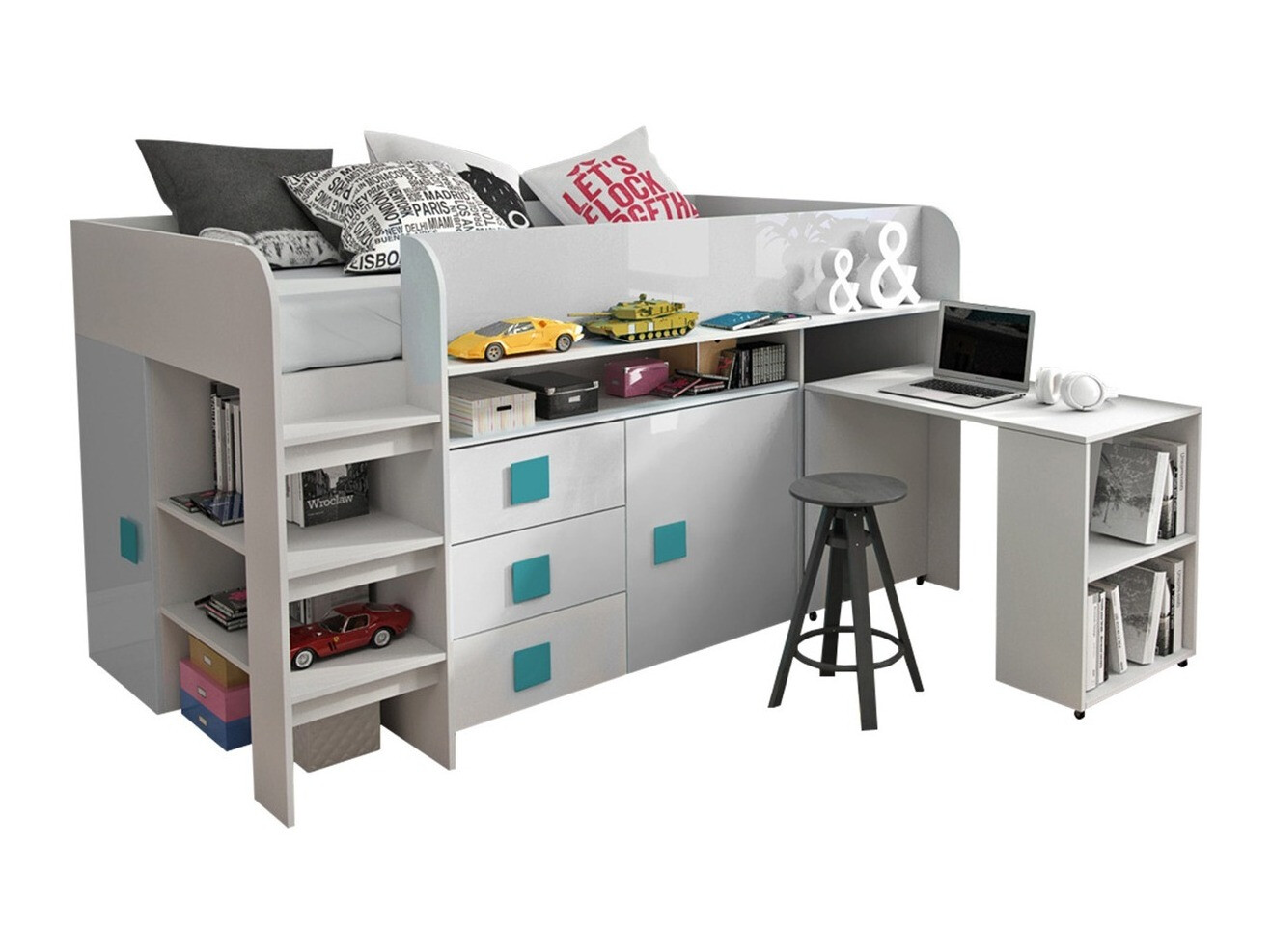 Postelja Hartford 190 (Bela + Sijaj bela + sijaj Turkizna)