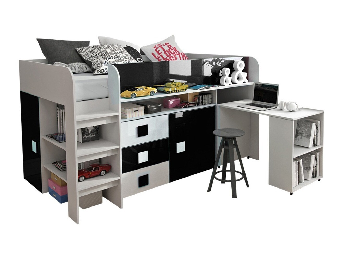 Postelja Hartford 190 (Bela + Sijaj črna + Sijaj bela)