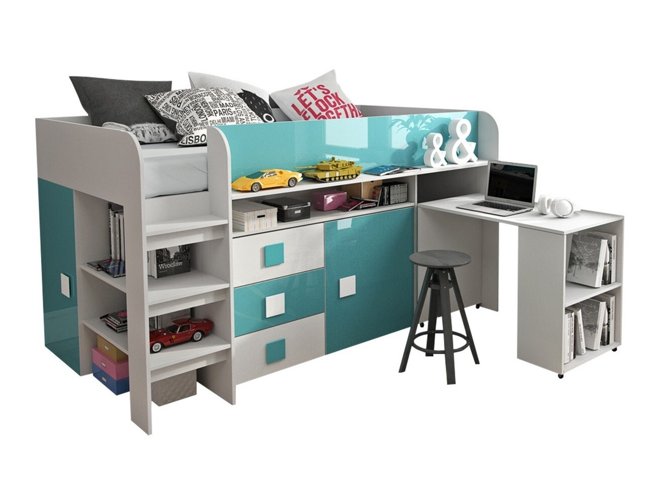 Postelja Hartford 190 (Bela + sijaj Turkizna + Sijaj bela)