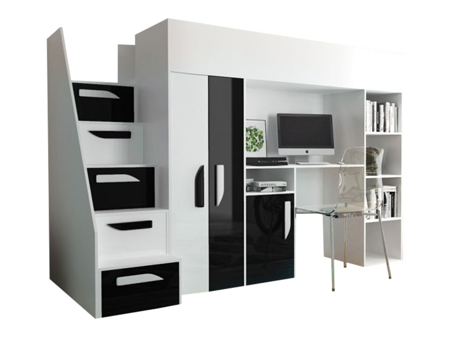 Visoka postelja Hartford 192 (Bela + Sijaj črna + Sijaj bela)