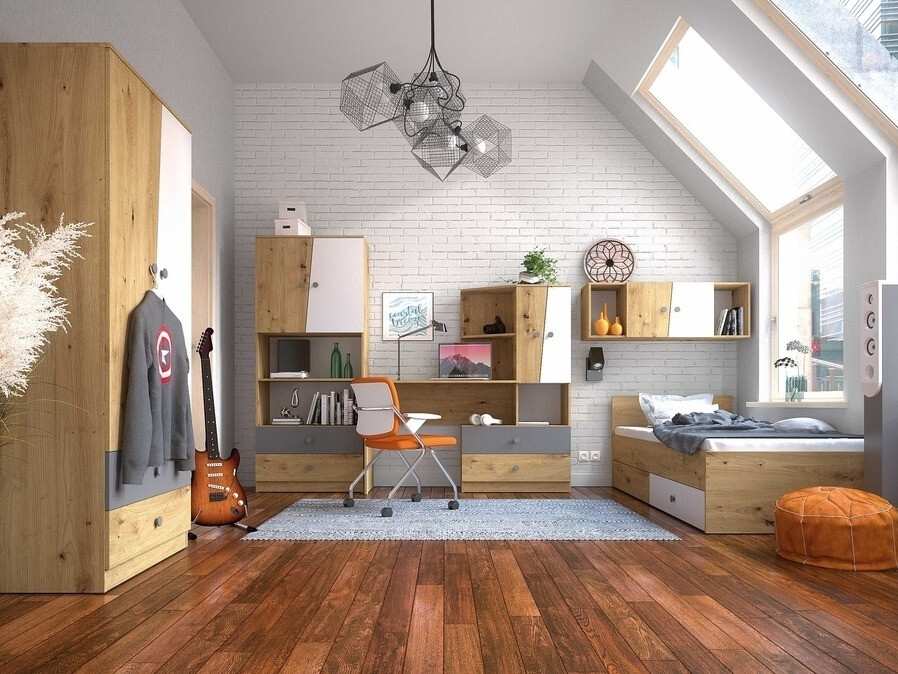 Postelja Mirelbu 112 (Artisan hrast + Sijaj bela + Črna)