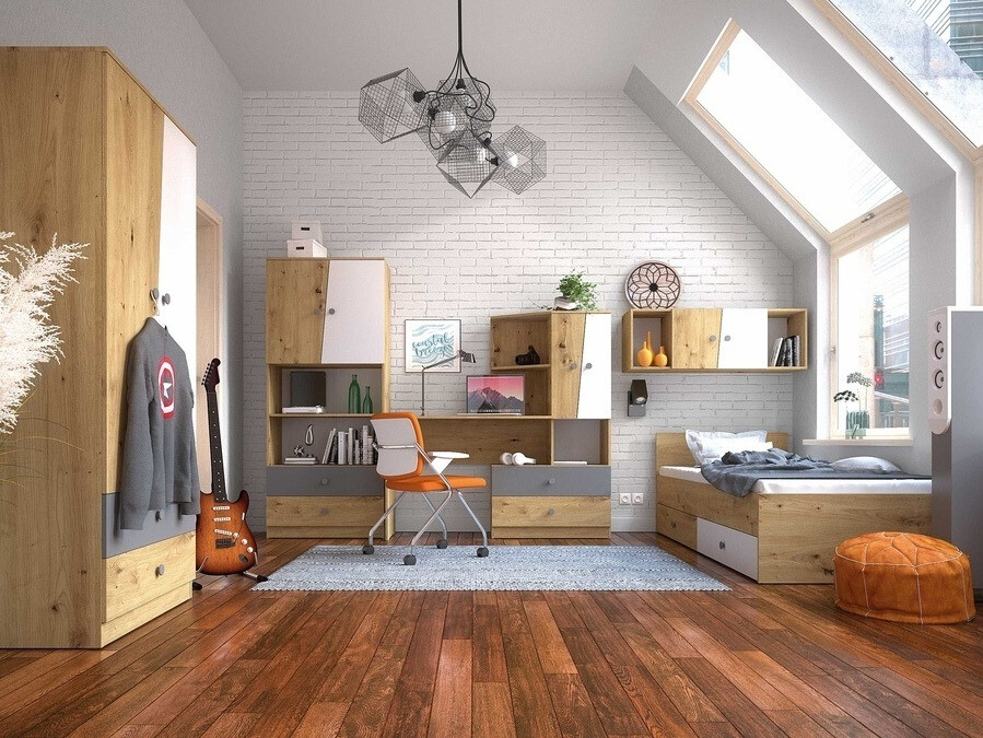 Postelja Mirelbu 112 (Artisan hrast + Sijaj bela + Siva)