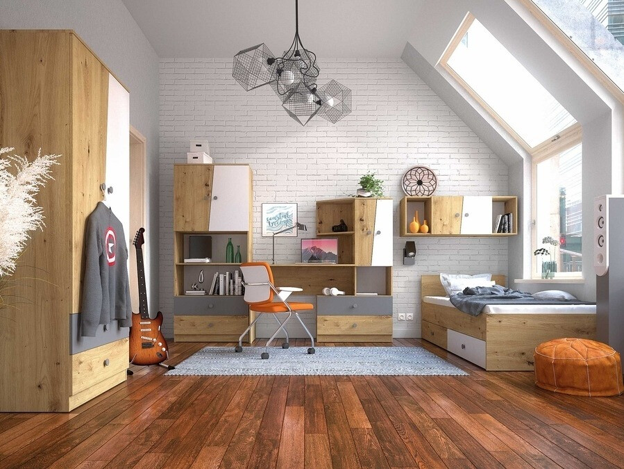 Pisalna miza Mirelbu 110 (Artisan hrast + Sijaj bela + Sijaj siva)