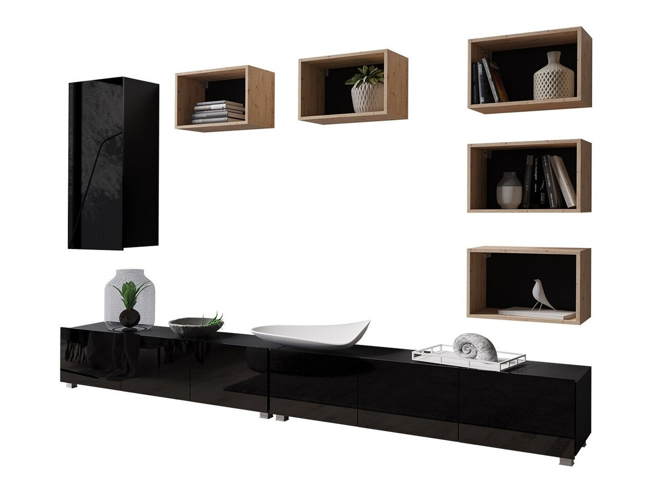 Dnevni prostor Tivdalu 157 (Črna + Sijaj črna + Artisan hrast)