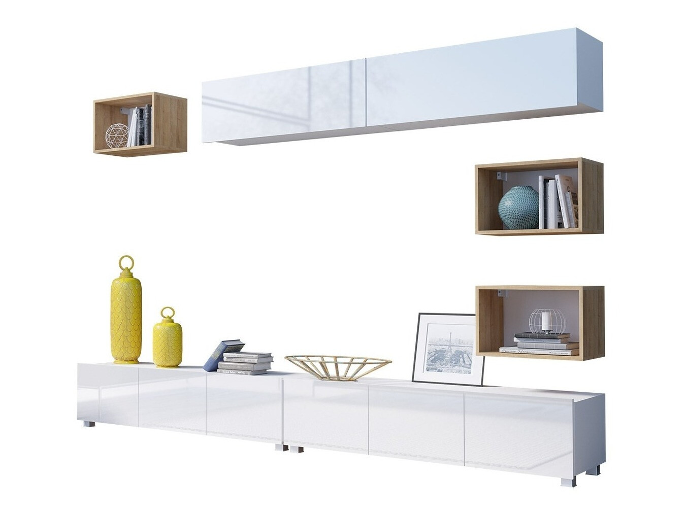 Komplet za dnevno sobo Remus XXXI (Bela + Sijaj bela + Zlati hrast)