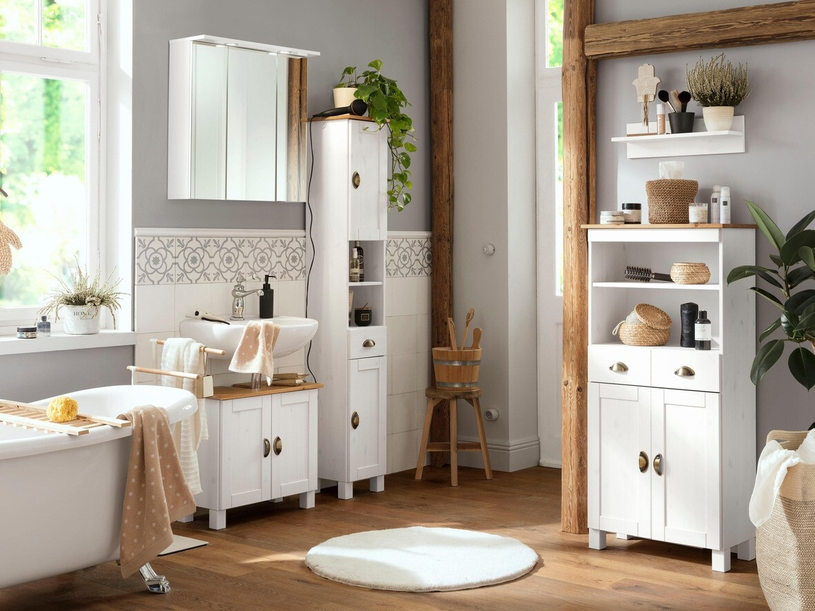 Prostostoječa Kopalniška omarica Serelbu 105 (Bela + Svetlo rjava)