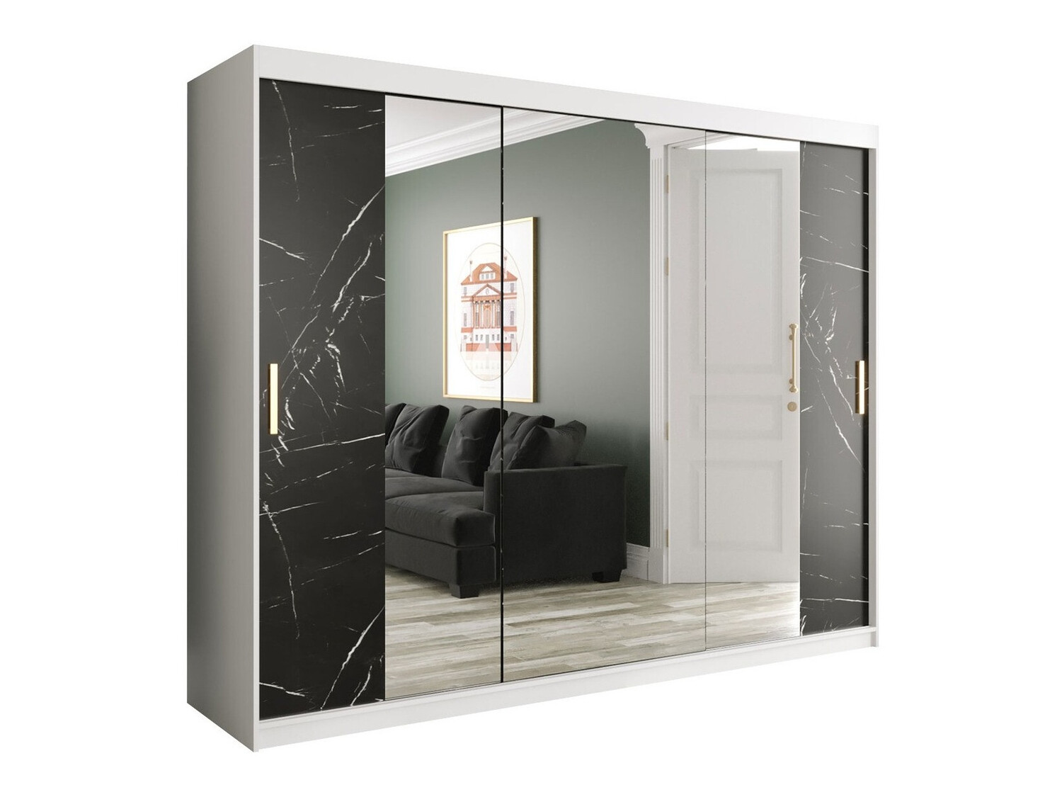 Garderobna omara Hartford 263 (Mat bela + Črni marmor)