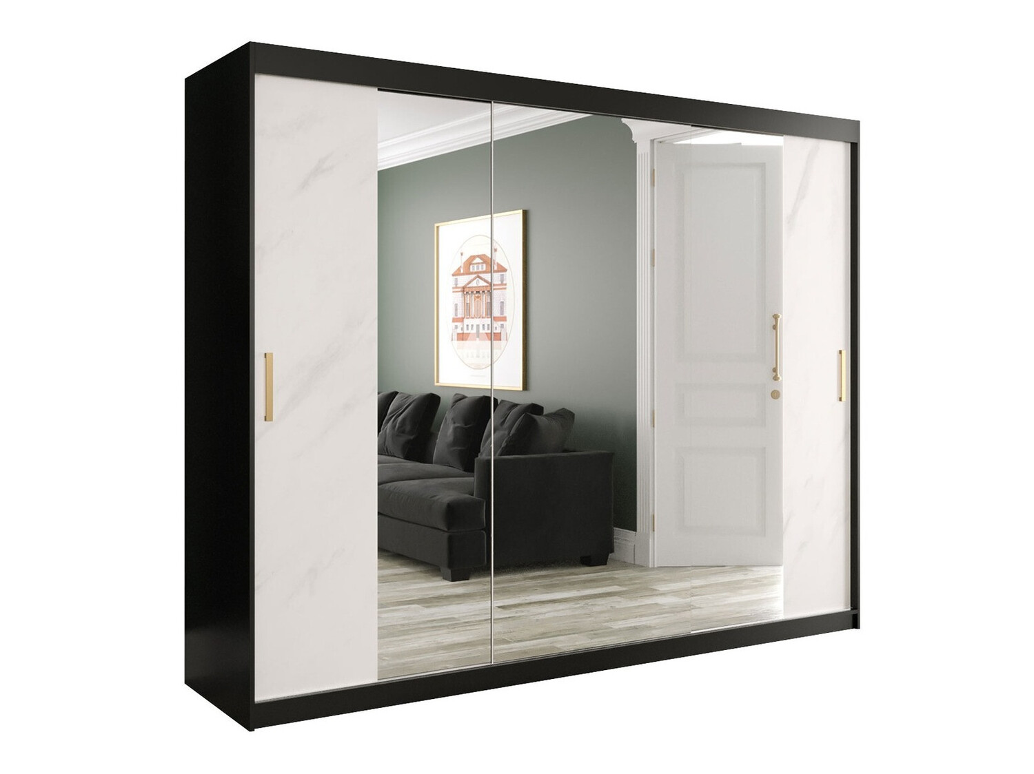 Garderobna omara Hartford 263 (Mat črna + Beli marmor)