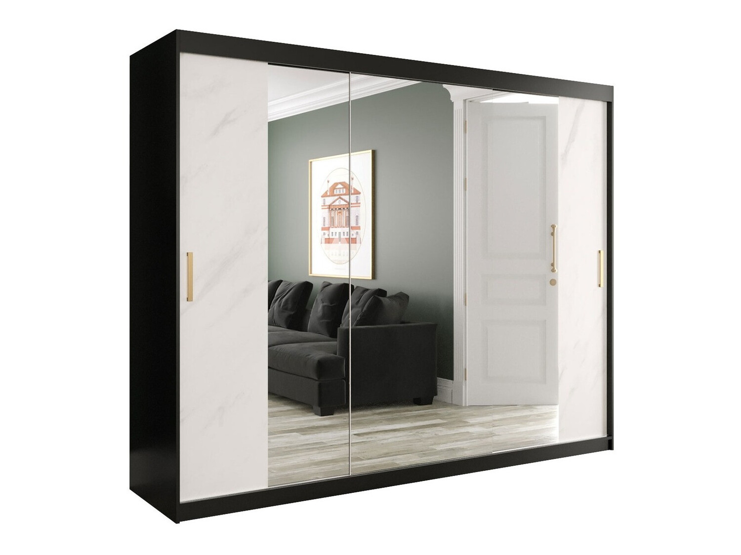 Garderobna omara Hartford 263 (Mat črna + Beli marmor)