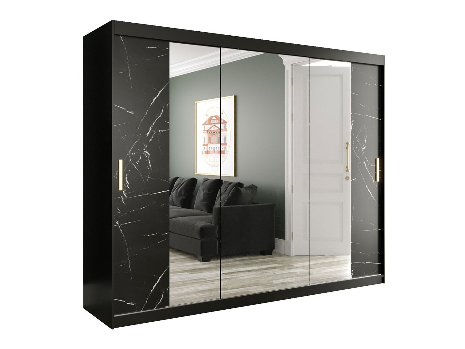 Garderobna omara Hartford 263 (Mat črna + Črni marmor)