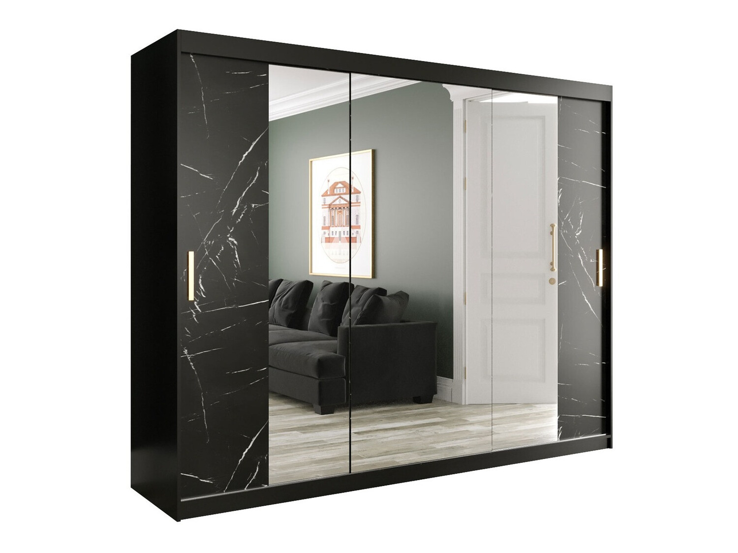 Garderobna omara Hartford 263 (Mat črna + Črni marmor)