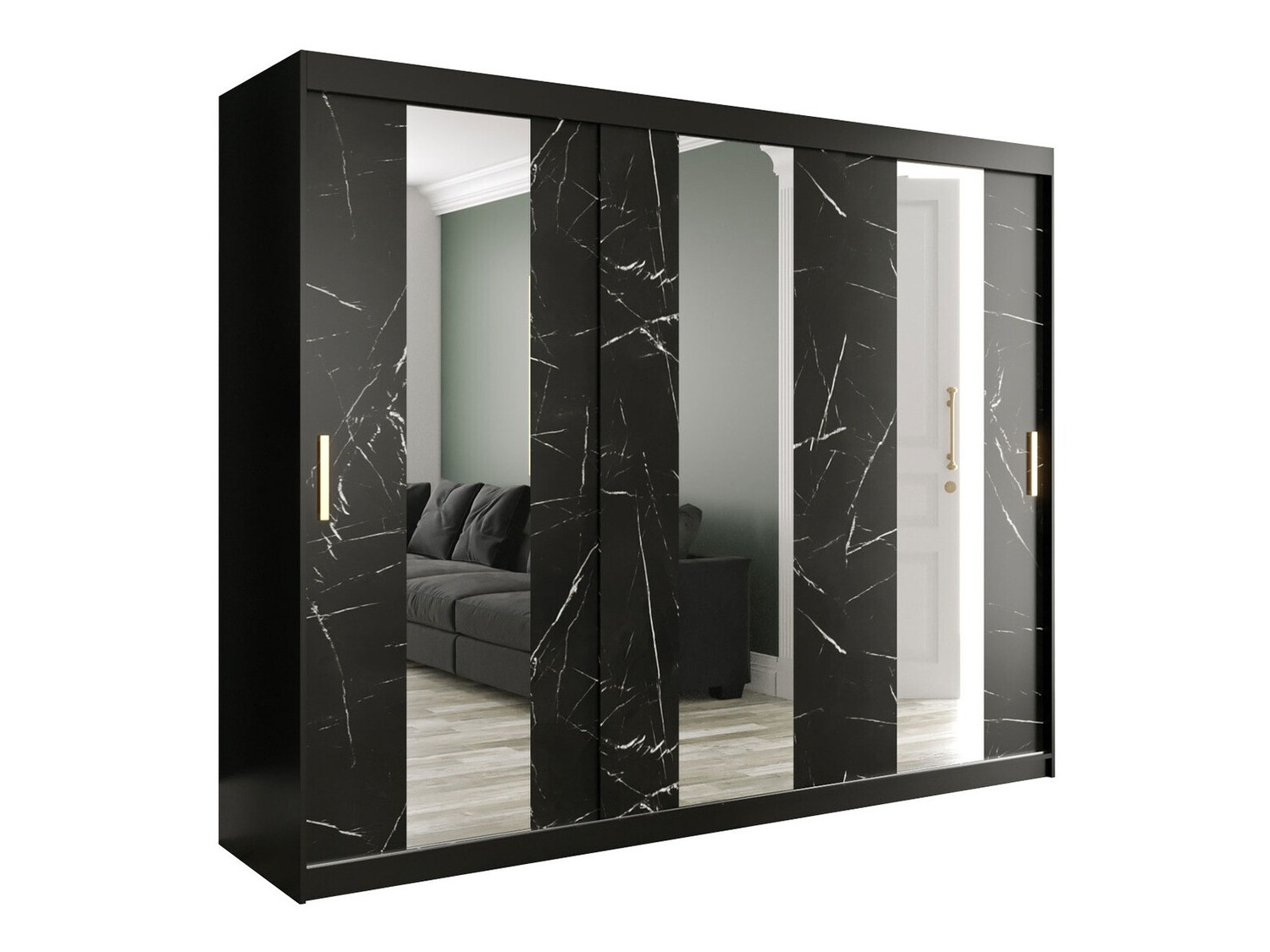 Garderobna omara Hartford 245 (Mat črna + Črni marmor)