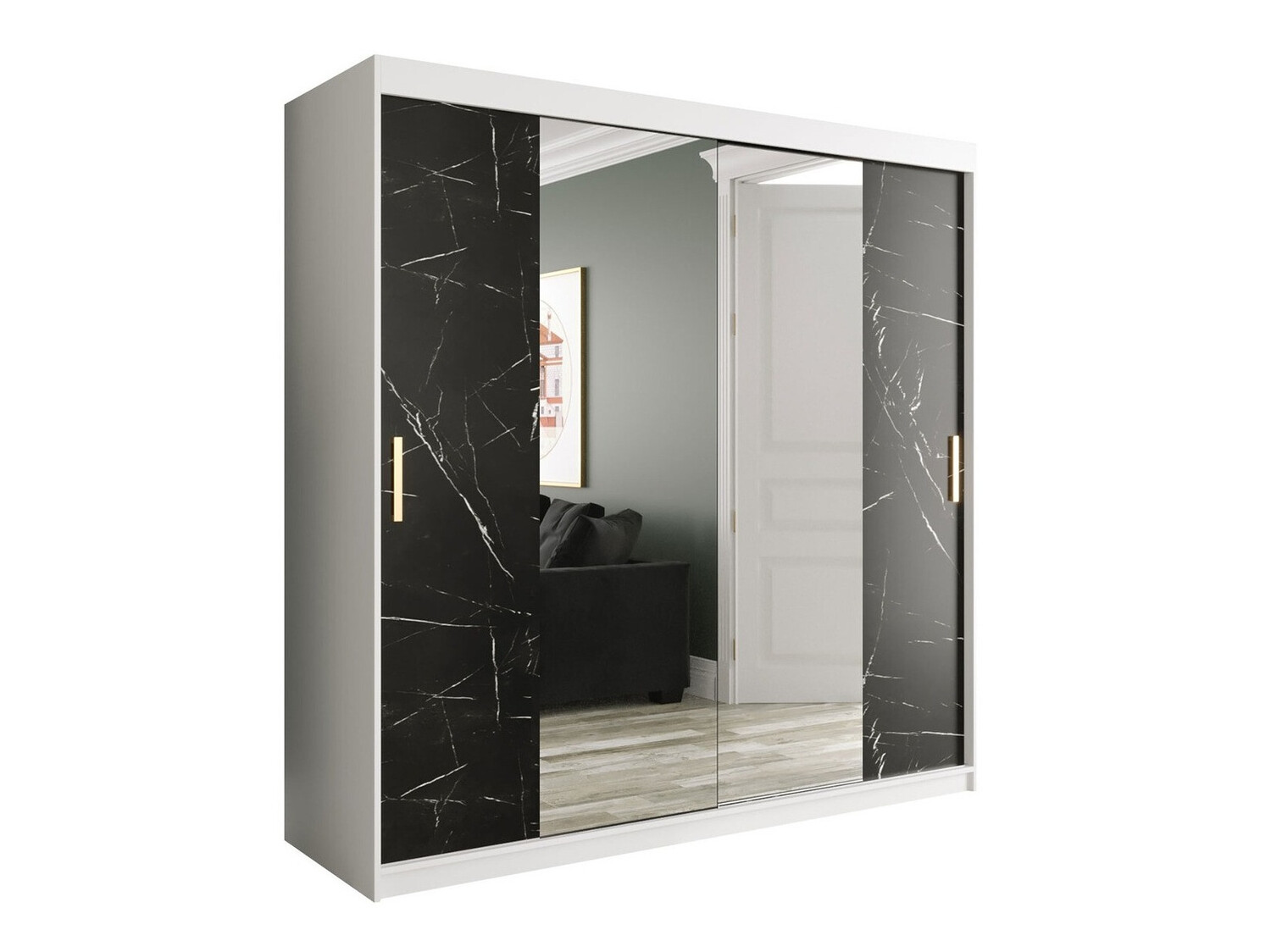 Garderobna omara Hartford 256 (Mat bela + Črni marmor)