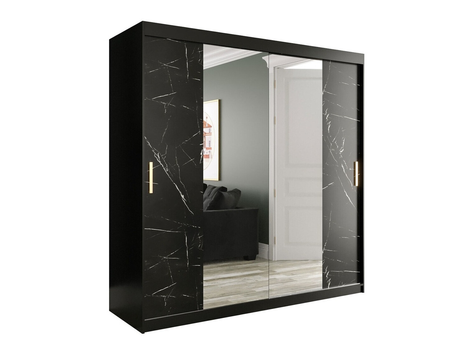 Garderobna omara Hartford 256 (Mat črna + Črni marmor)