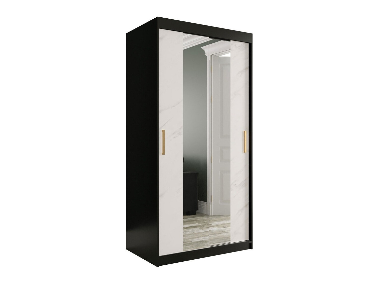 Garderobna omara Hartford 252 (Mat črna + Beli marmor)