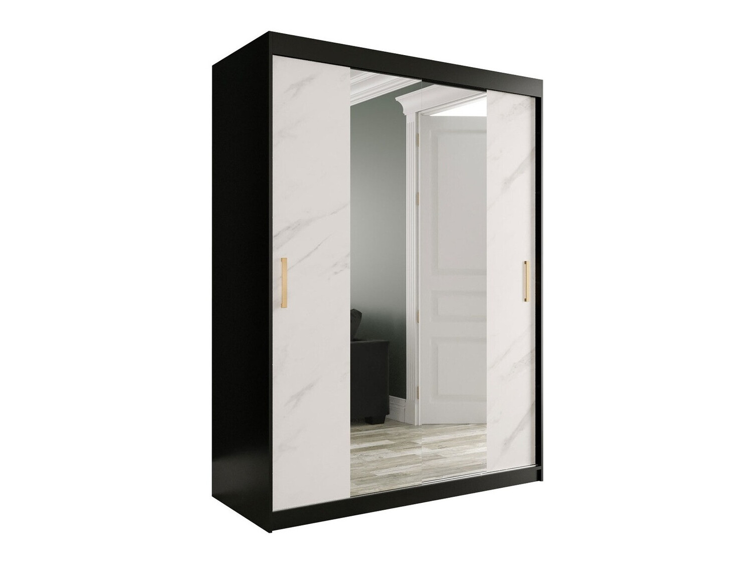 Garderobna omara Hartford 254 (Mat črna + Beli marmor)