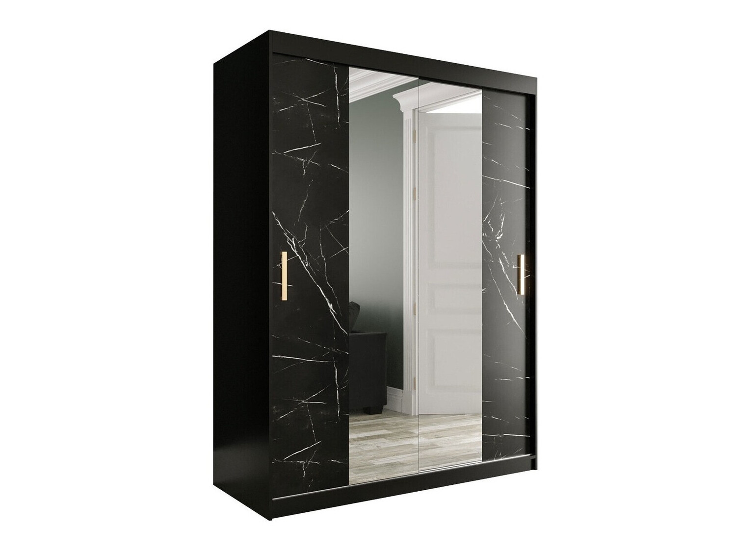 Garderobna omara Hartford 254 (Mat črna + Črni marmor)