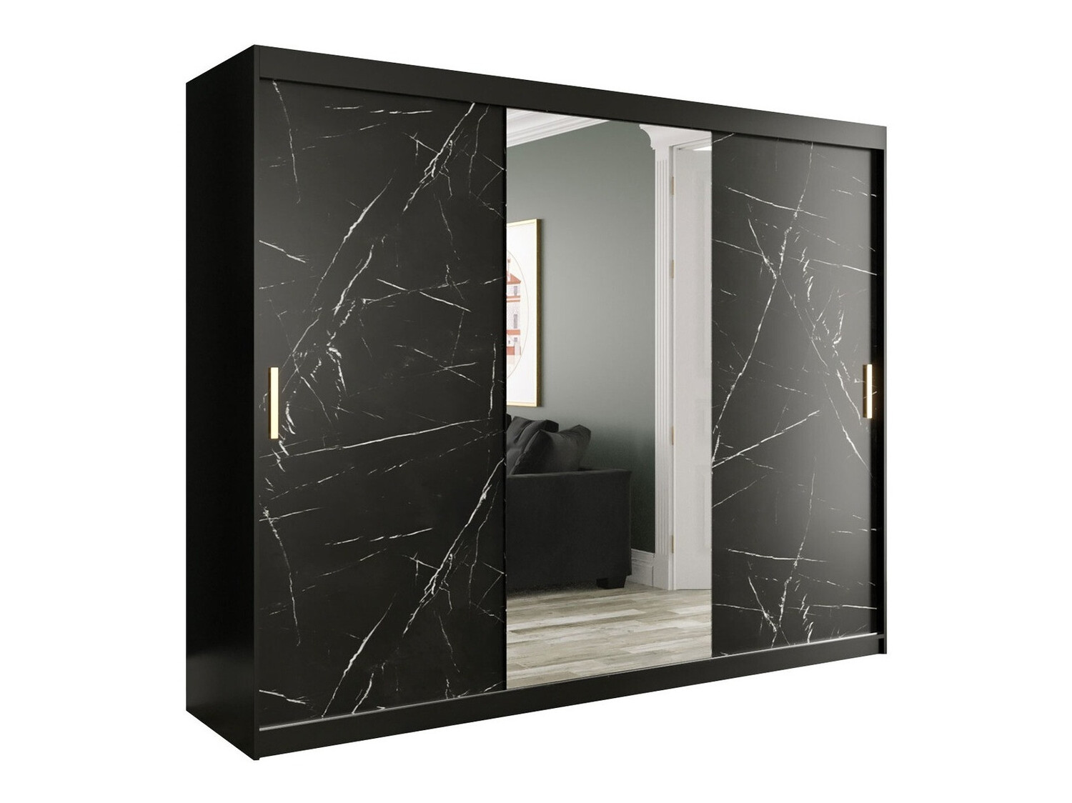 Garderobna omara Hartford 257 (Mat črna + Črni marmor)