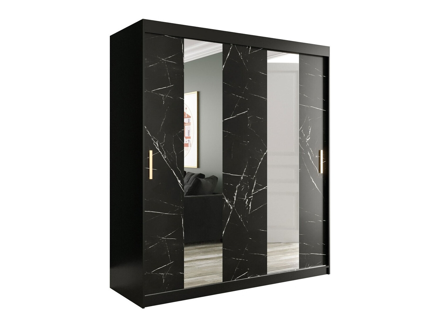 Garderobna omara Hartford 243 (Mat črna + Črni marmor)