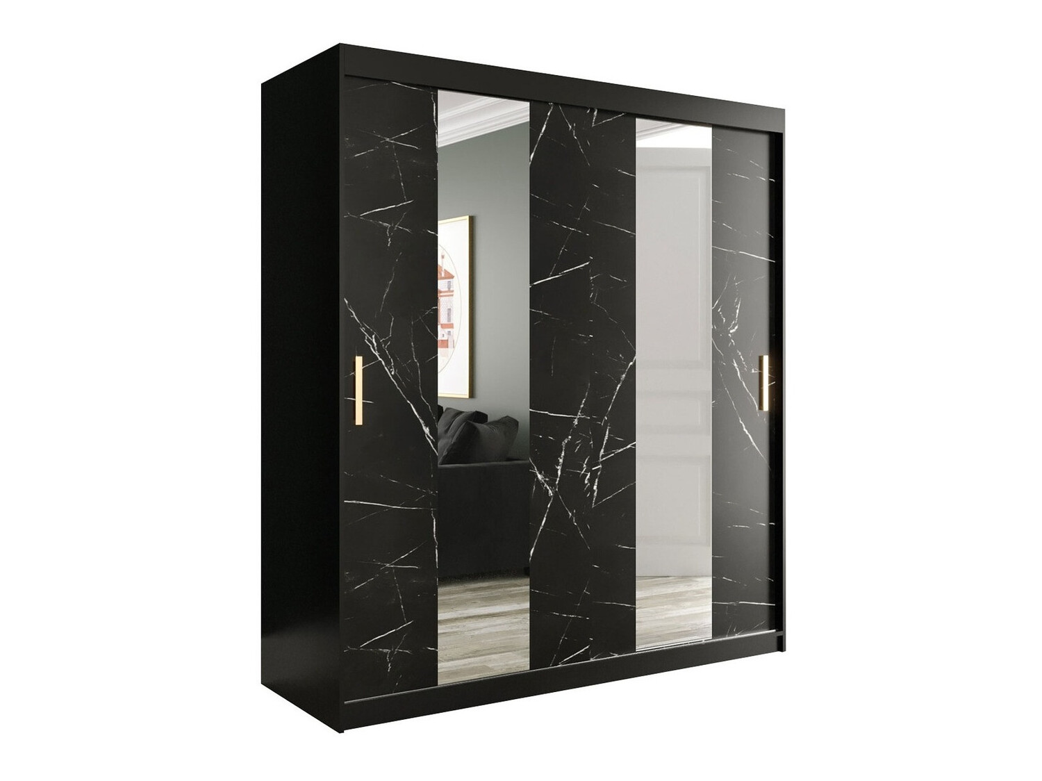 Garderobna omara Hartford 243 (Mat črna + Črni marmor)