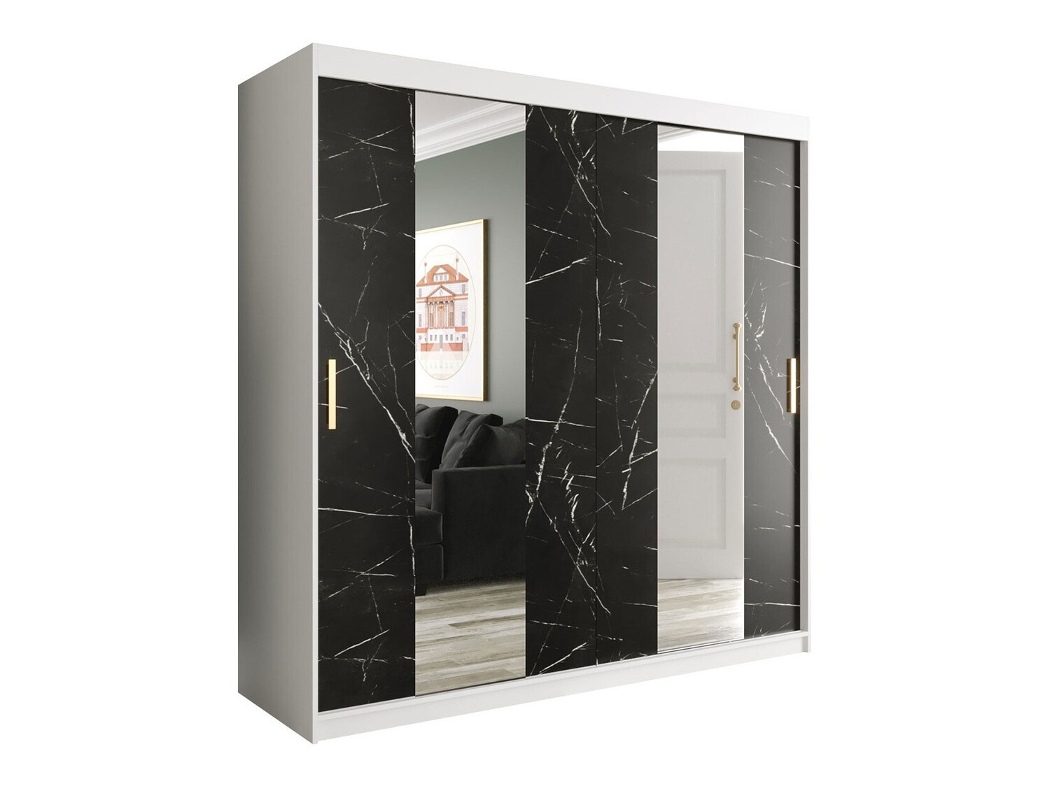 Garderobna omara Hartford 244 (Mat bela + Črni marmor)