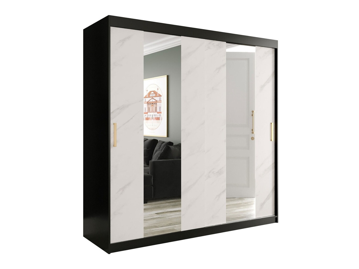 Garderobna omara Hartford 244 (Mat črna + Beli marmor)