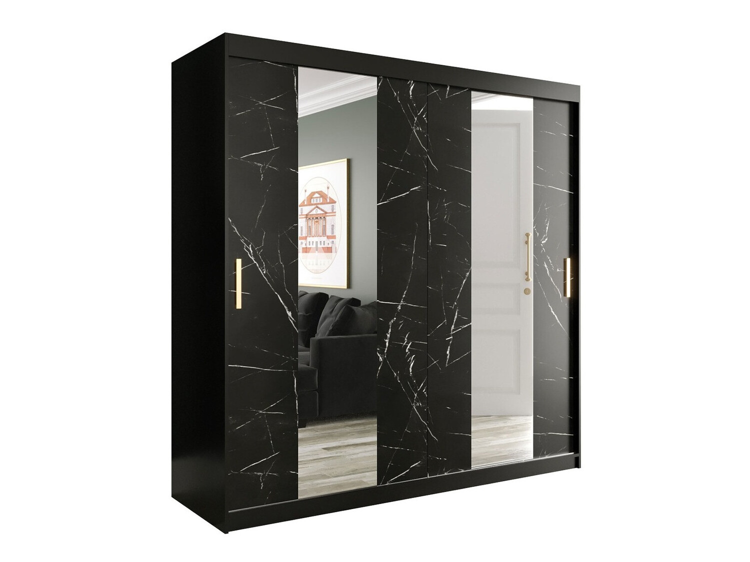 Garderobna omara Hartford 244 (Mat črna + Črni marmor)