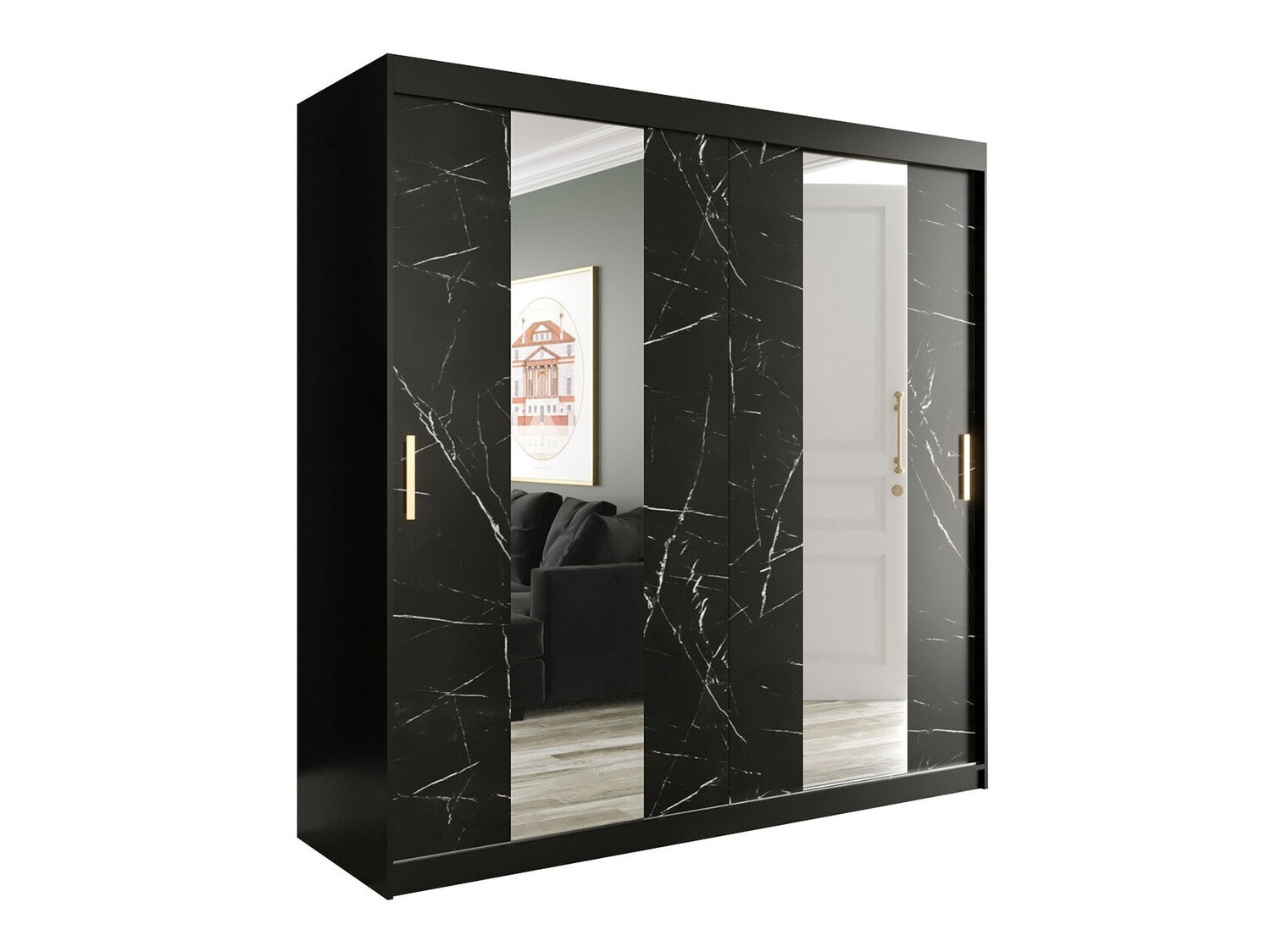 Garderobna omara Hartford 244 (Mat črna + Črni marmor)